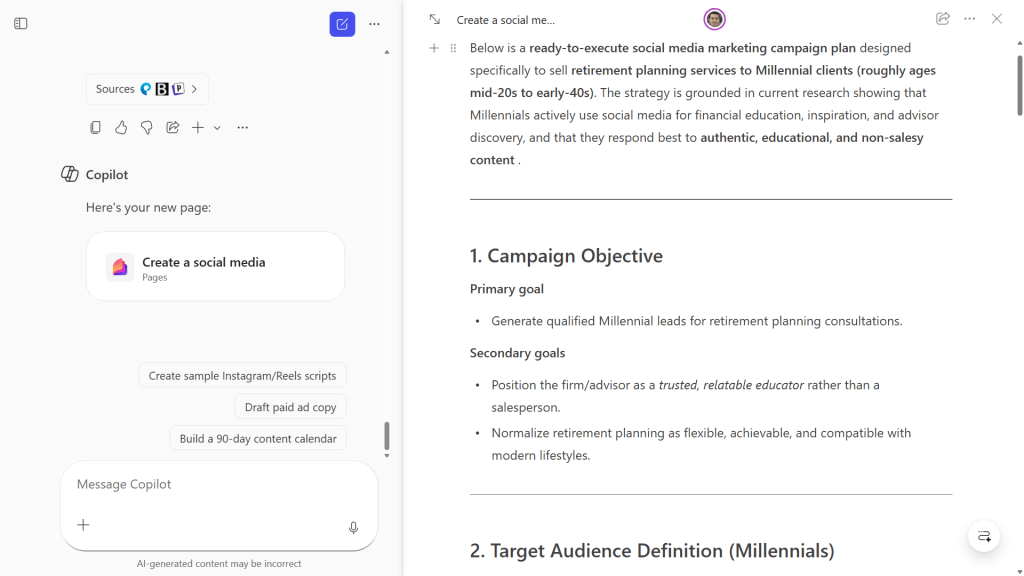 copilot pages split screen copilot chat on left and page canvas on right