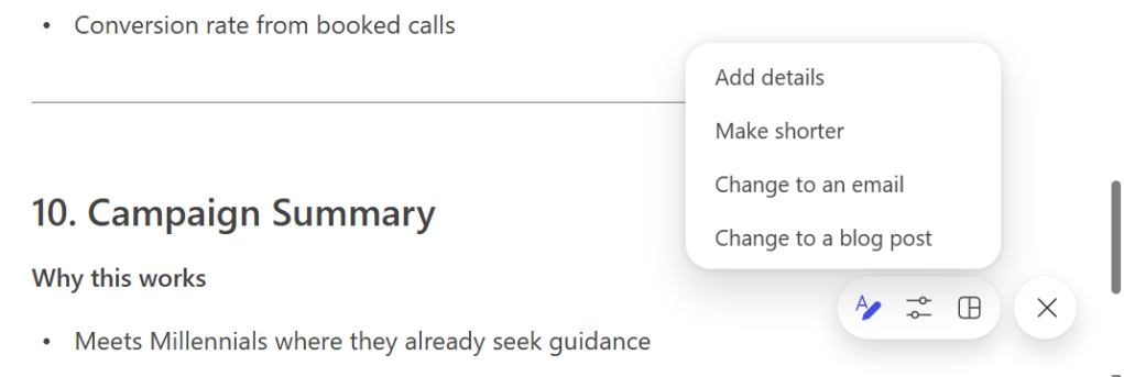screenshot of copilot shortcuts menu showing add details make shorter change to an email and change to a blog post