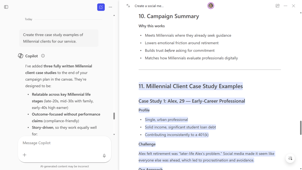 screenshot of copilot pages screen with prompt for additional text on left and that additional text added to page on right