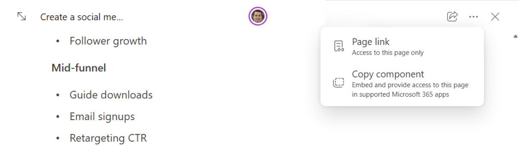 screenshot of sharing menu in copilot pages with page link and copy component options