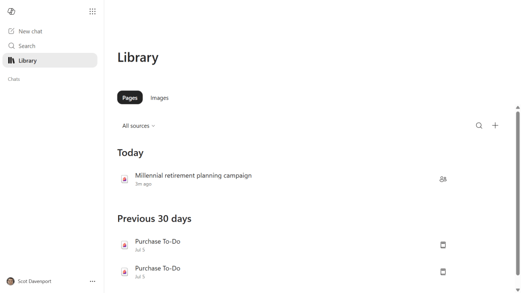screenshot of library in m365 copilot app with several pages listed