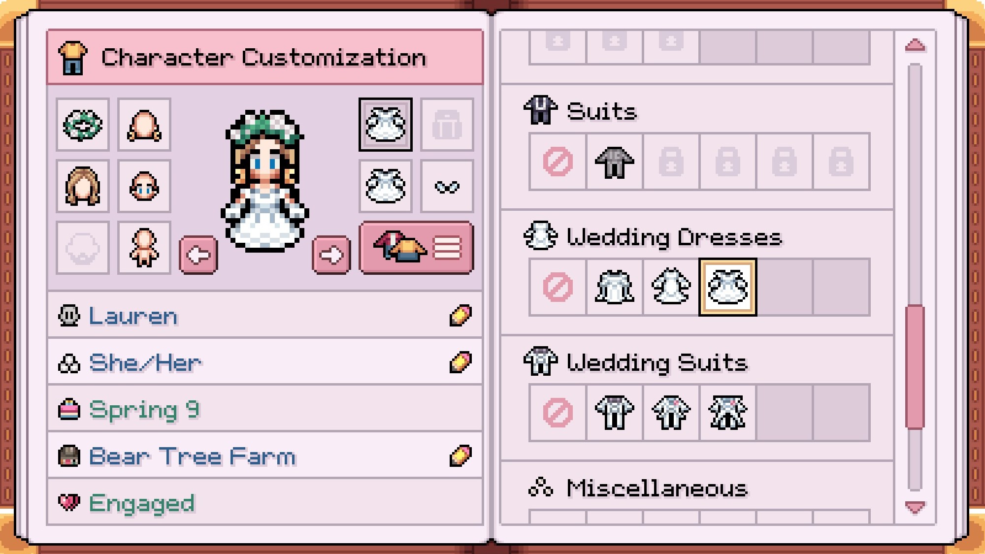 Fields of Mistria wedding attrire options menu