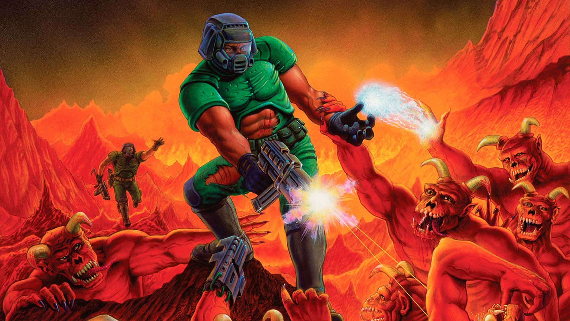 Doom (1993) key art depicting Doom Guy shooting at hordes of demons clawing at him from below.
