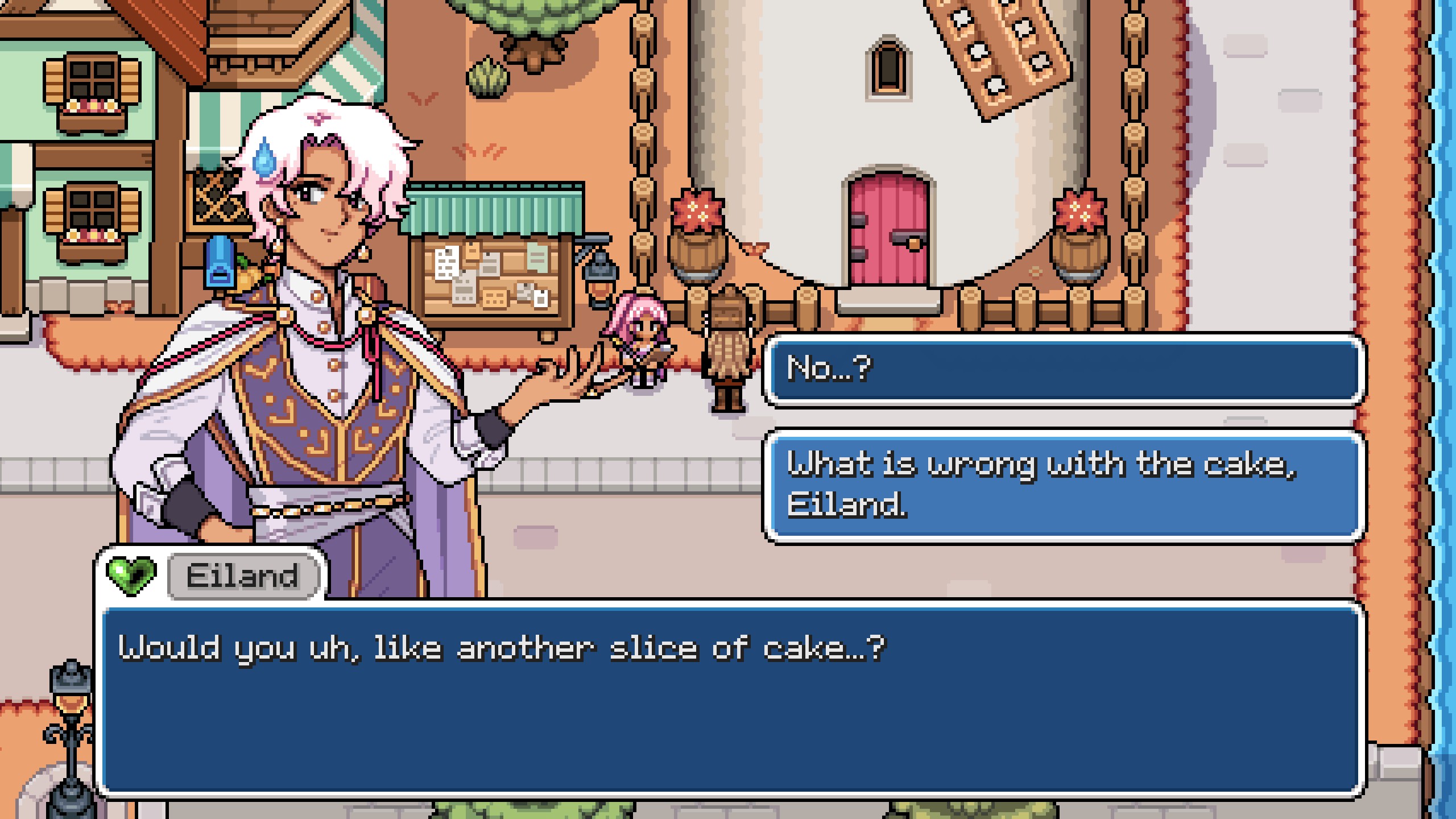 Fields of Mistria - Eiland asks if the player would like another slice of cake, in a nervous way.