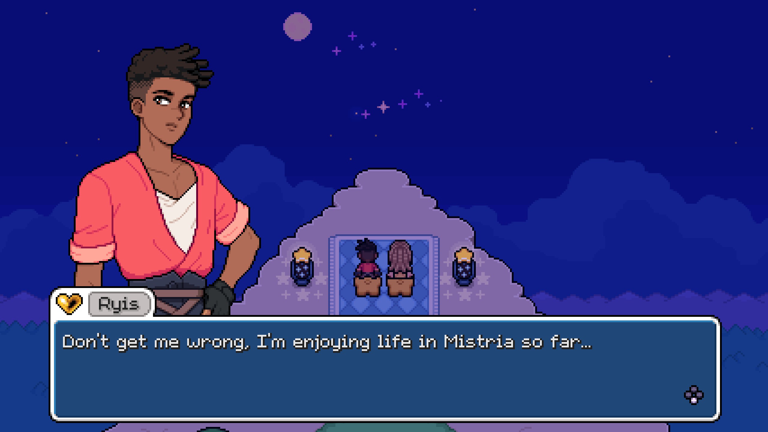Fields of Mistria - Ryis sits at the summit for the Shooting Star Festival with the player and says "Don't get me wrong, I'm enjoying life in Mistria so far."