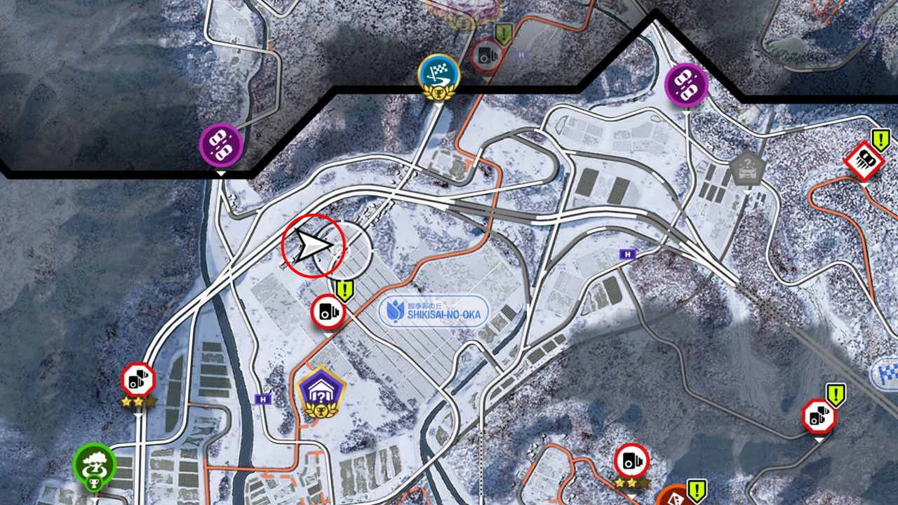 Forza Horizon 6 Hokubu Treasure Hunt: A map of the region with a red circle showing where to find the chest.