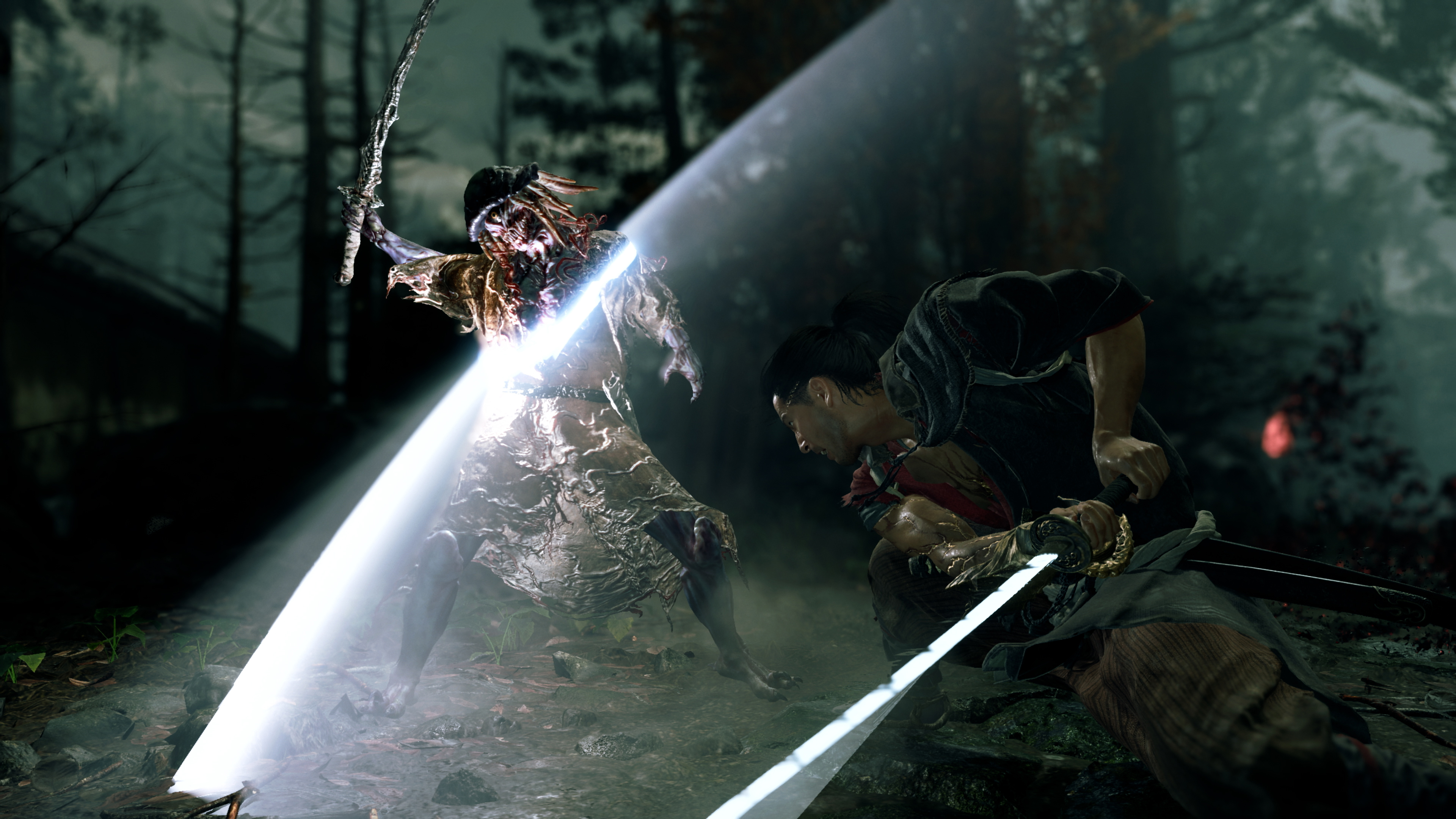 Onimusha: Way of the Sword hero Miyamoto Musashi fighting a demon with a sword.