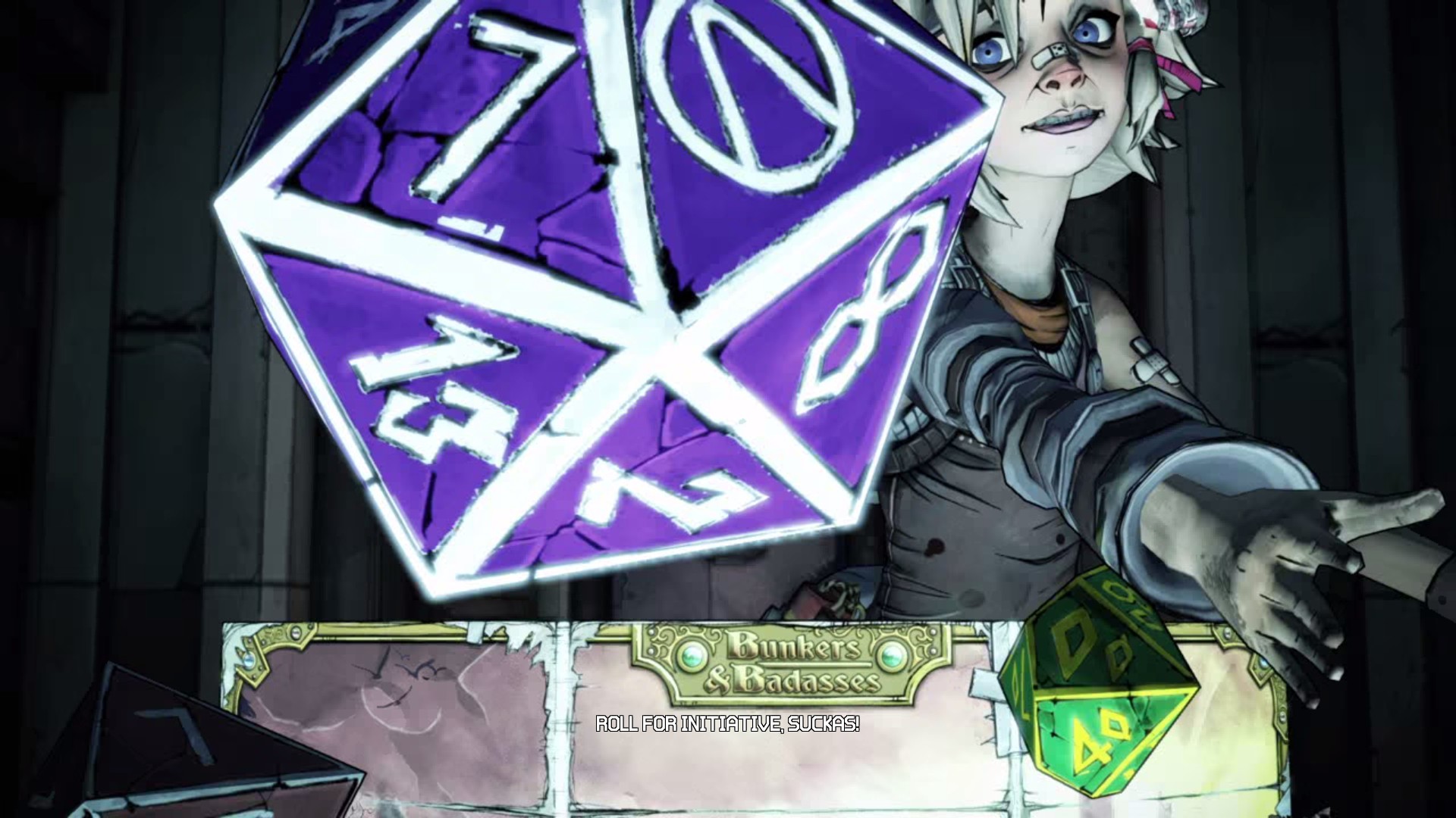 Tiny Tina rolls some dice from behind a Bunkers &amp; Badasses screen