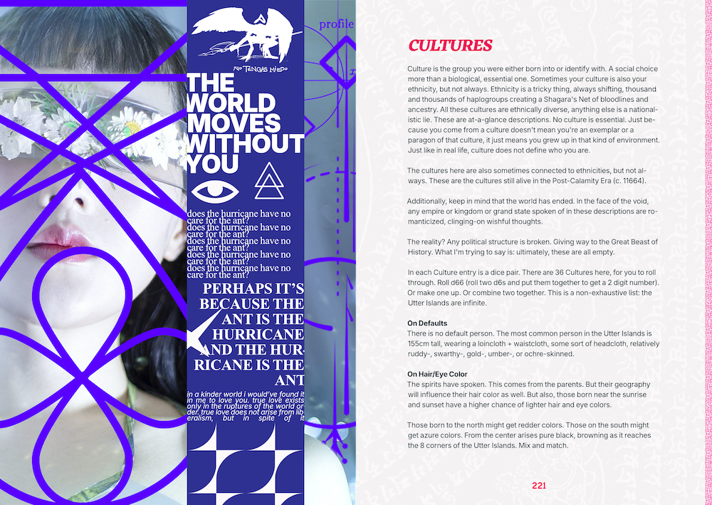 Page from 10,000 Swords Against Heaven, describing cultures.