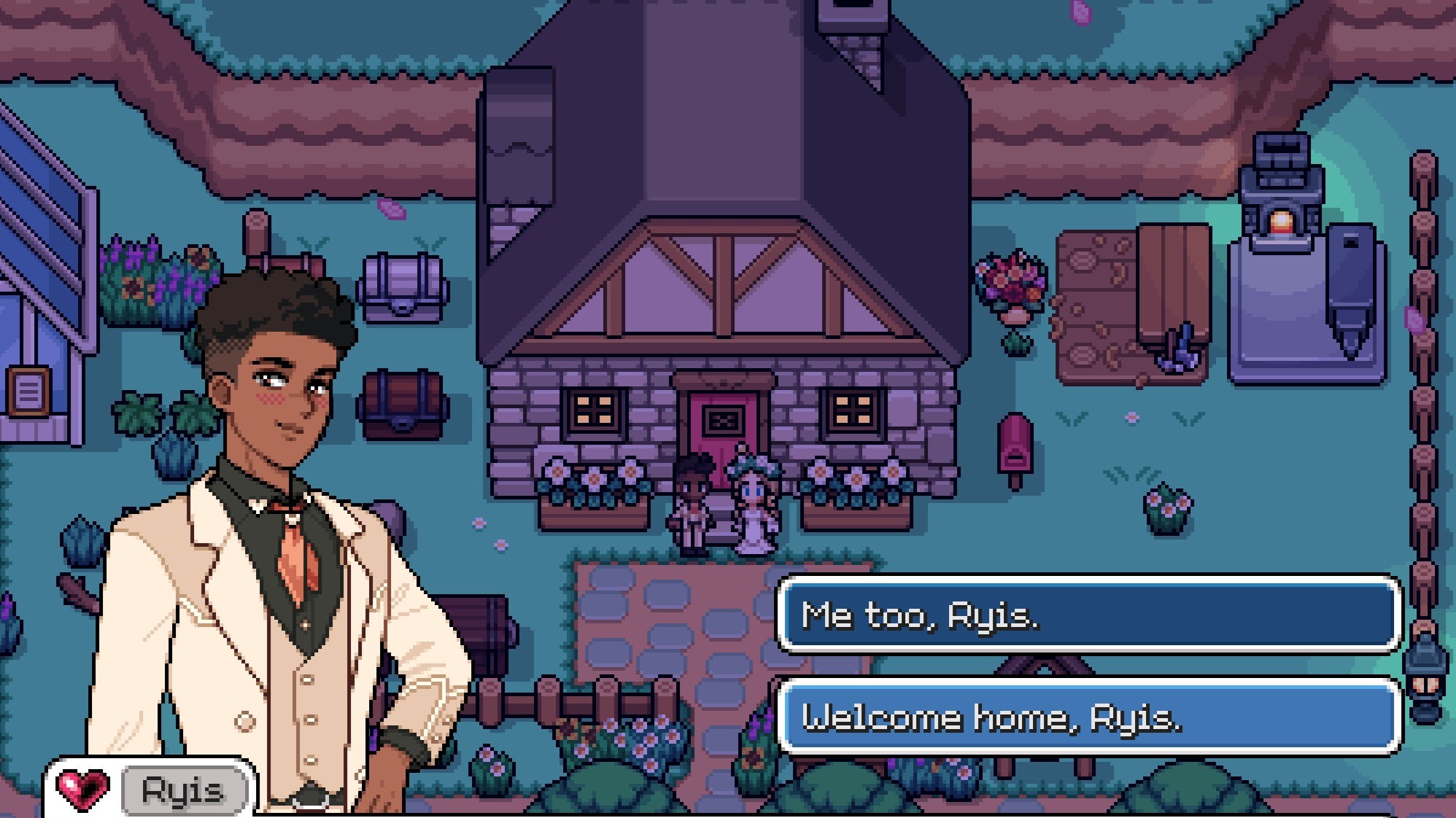 Fields of Mistria - Ryis in his wedding tuxedo outside the farm house with the player who says "Welcome home Ryis"