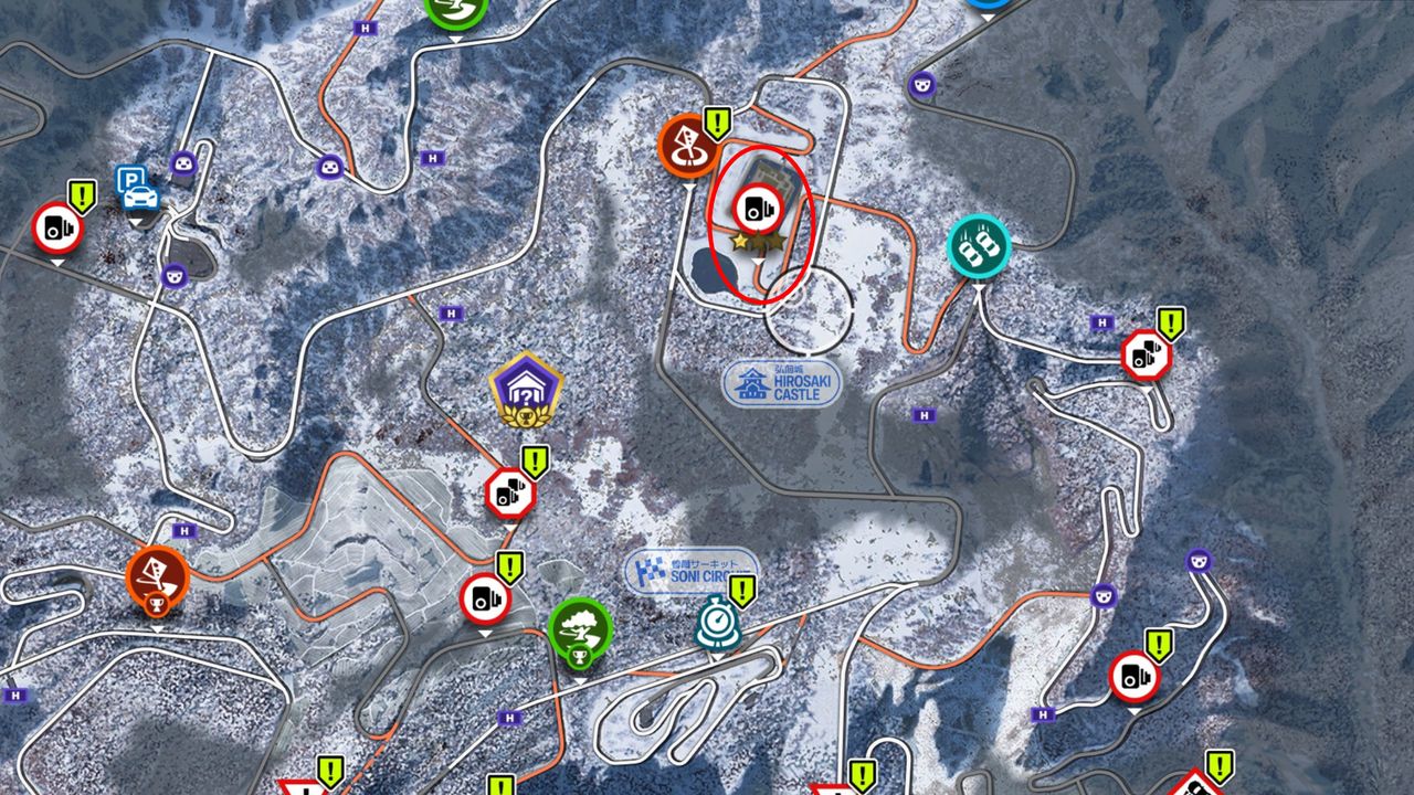 Forza Horizon 6 Hirosaki Castle location: A map of the area around Hirosaki Castle during winter.
