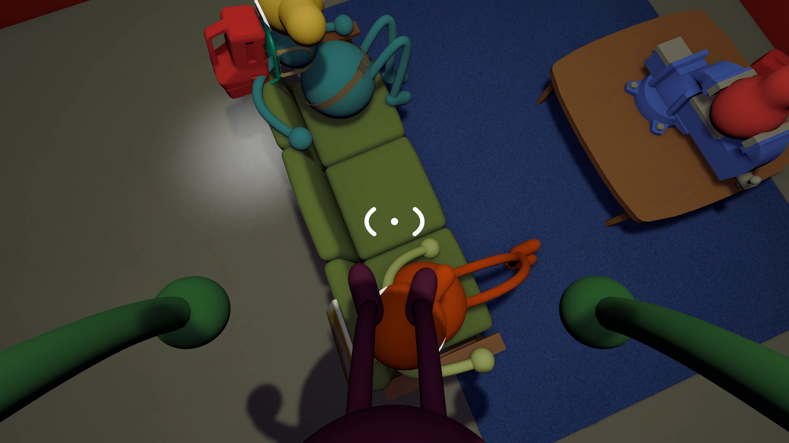 Player standing on a player's head who is sitting on a couch