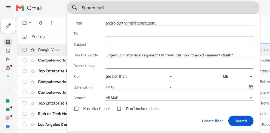 screenshot of gmail create filter screen with several OR variables