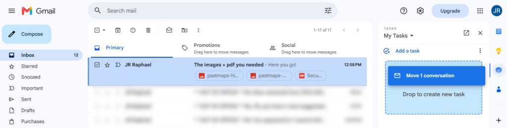 screenshot of dragging an email to google tasks to create a task