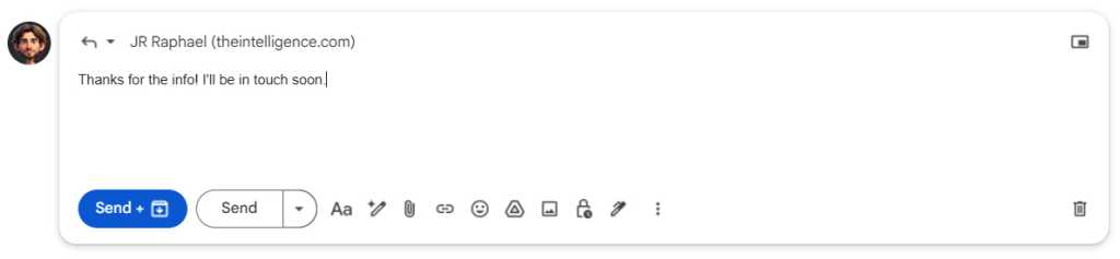 screenshot of composing a reply with Send+ and Send buttons at bottom