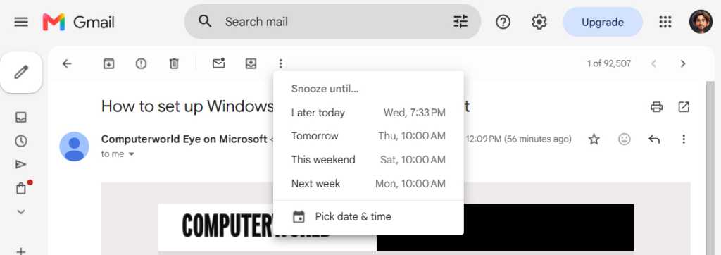 screenshot of snooze options menu for an open message in gmail