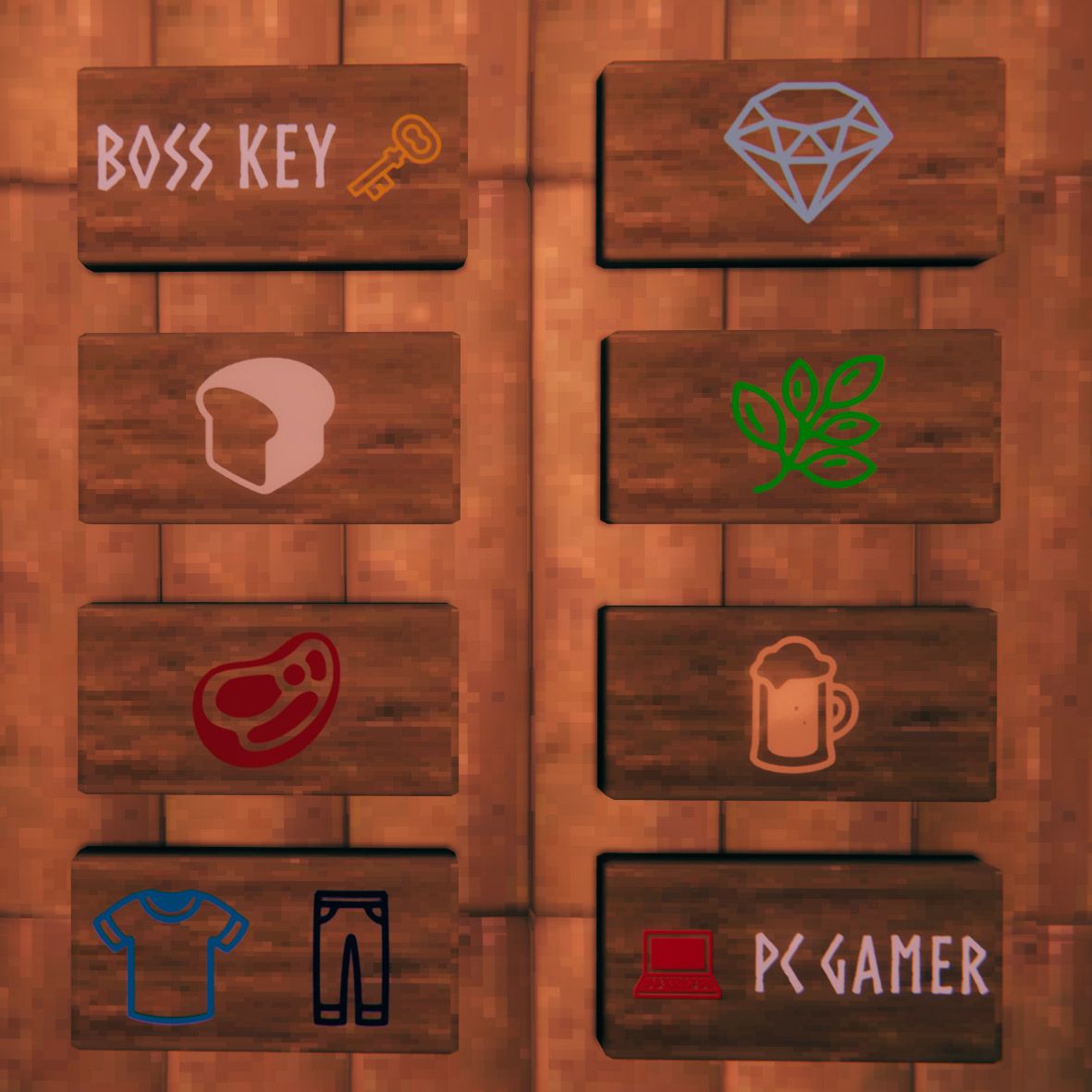 Valheim signs with different emojis, text colors, and styles to label different types of chests