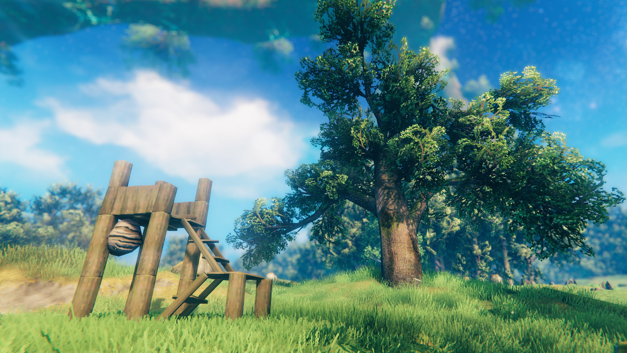 Valheim - The Meadows biome, a grassy green field with no enemies in the image