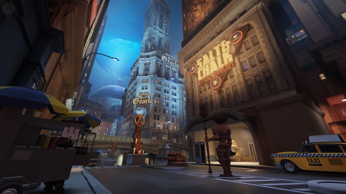 A downtown street in Deadlock, showing the Salt & Chalk Ritual Supplies sign with The New York Oracle building visible in the background.