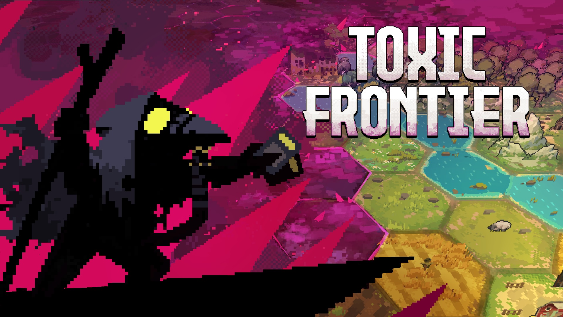 A figure in a gas mask looms over a hex-based world map. The Toxic Frontier logo is shown.