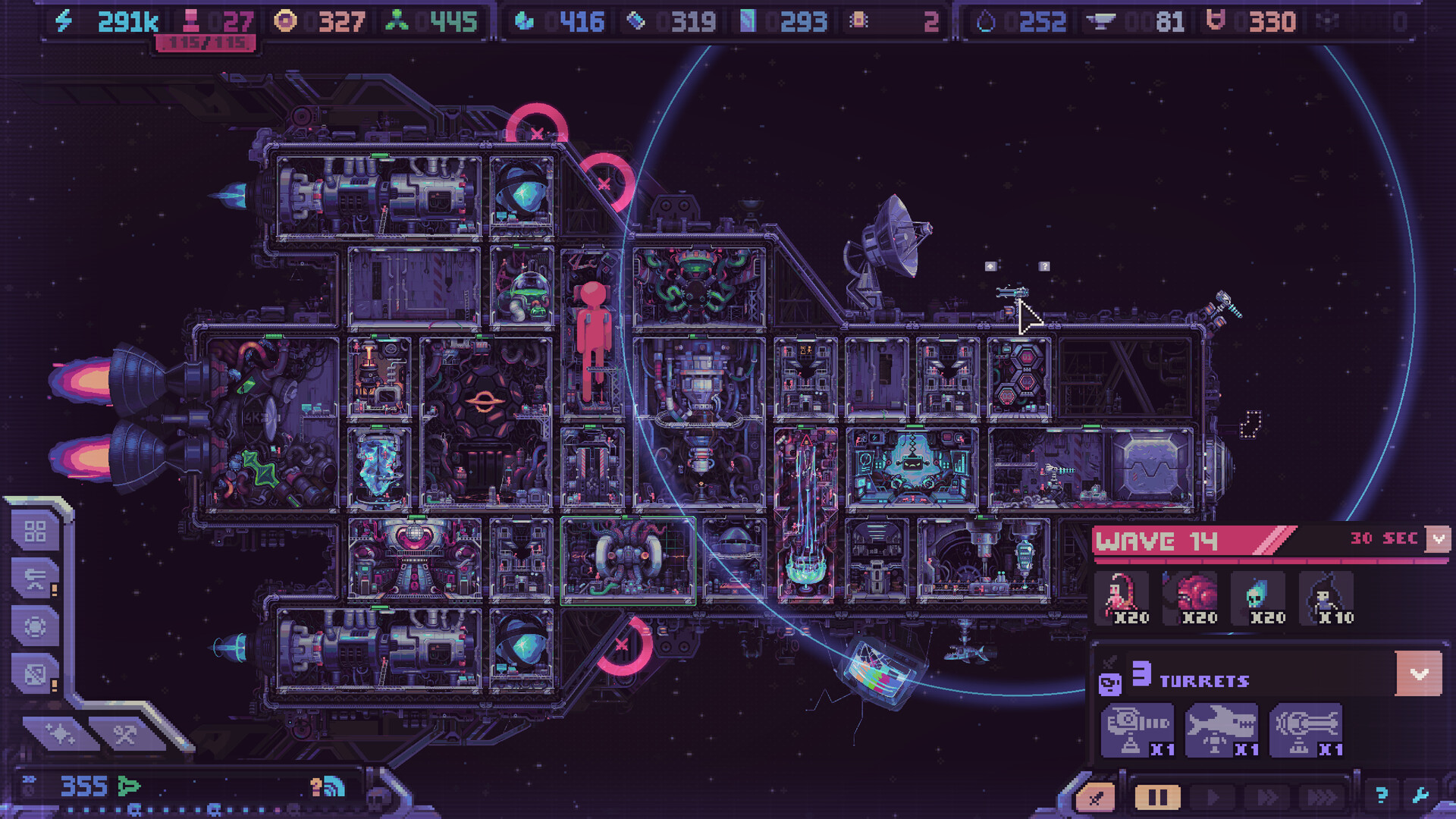spaceship crosssection with lots of pixel art, purple