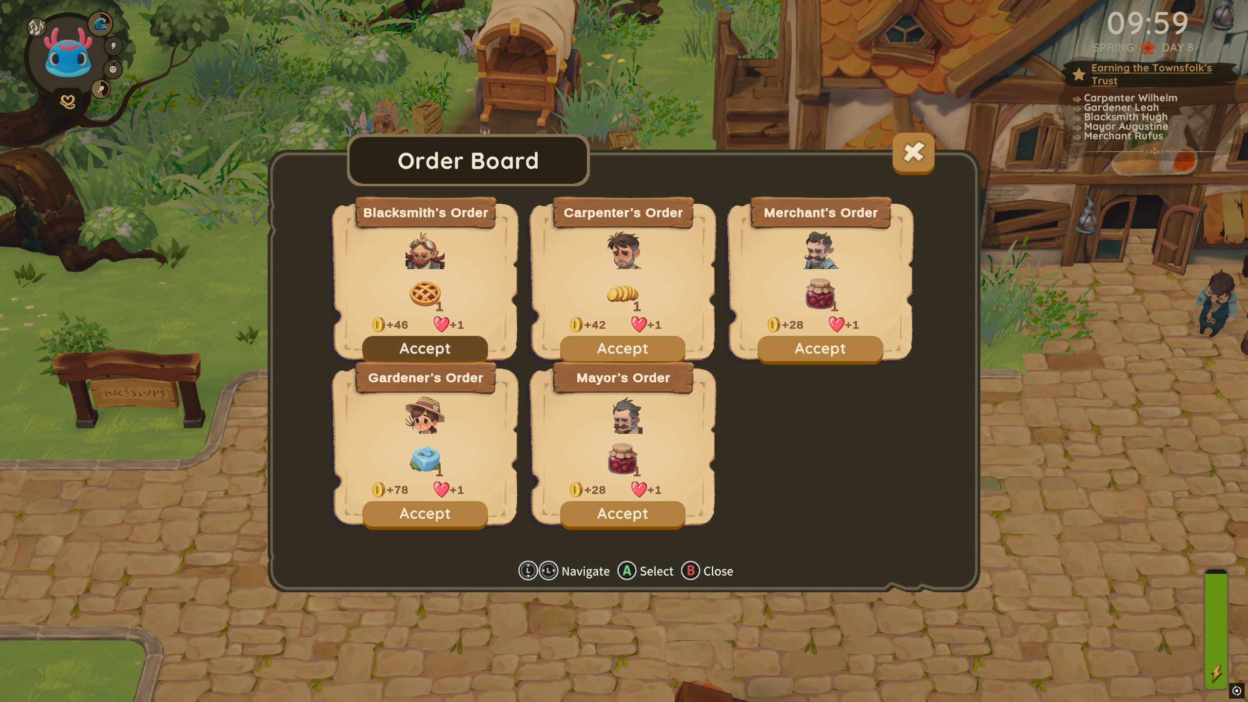 Dragon Shelter order board showing characters and the recipes they request
