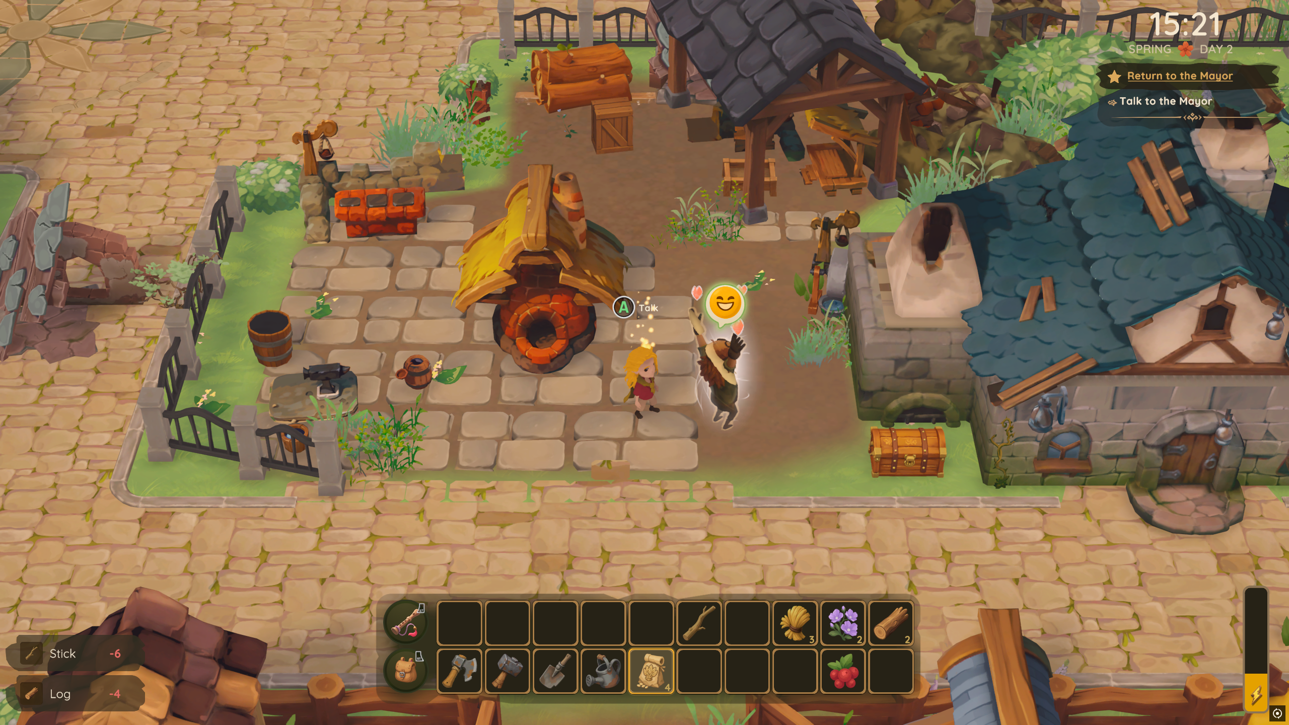 Dragon Shelter - the blacksmith dances happily when the player turns in a quest to him