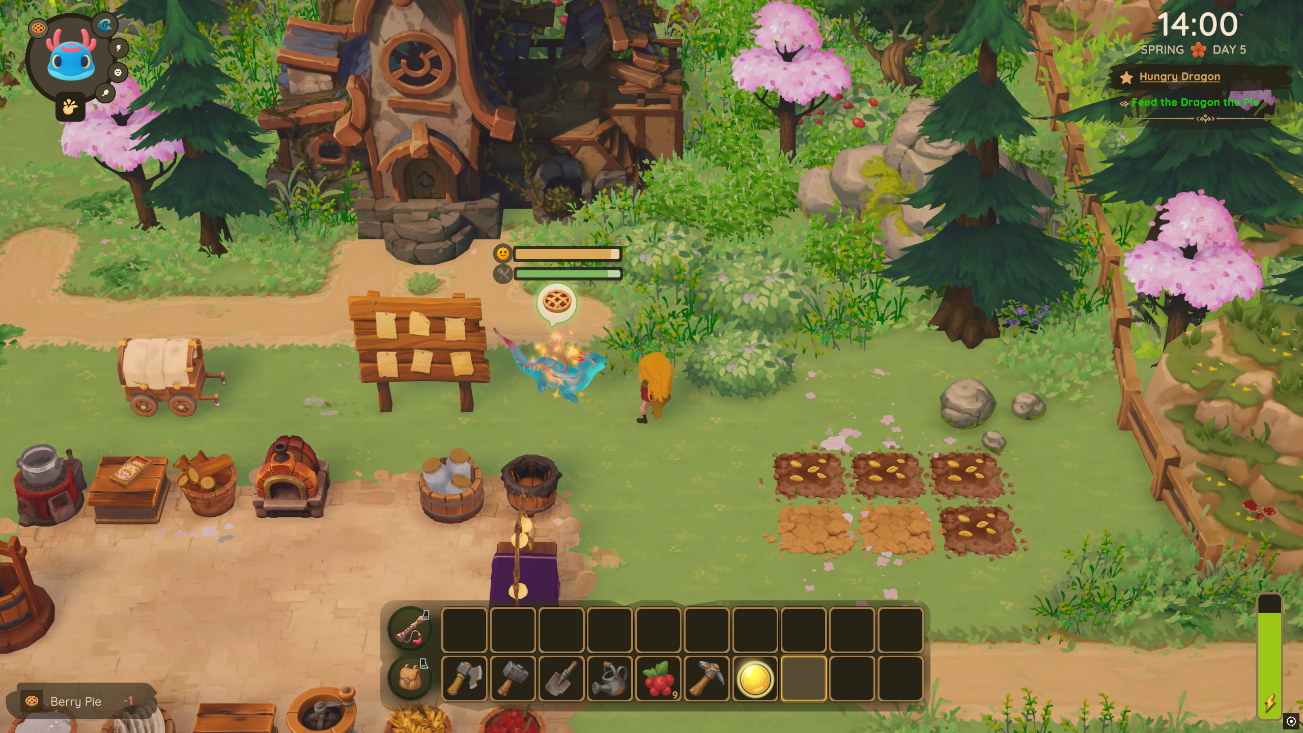 Dragon Shelter - A player feeds a berry pie to a water dragon on their farm