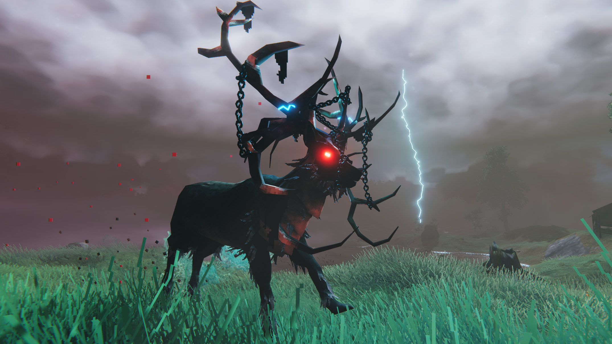 Valheim - The Meadows boss, Eikthyr, running through a field while it storms