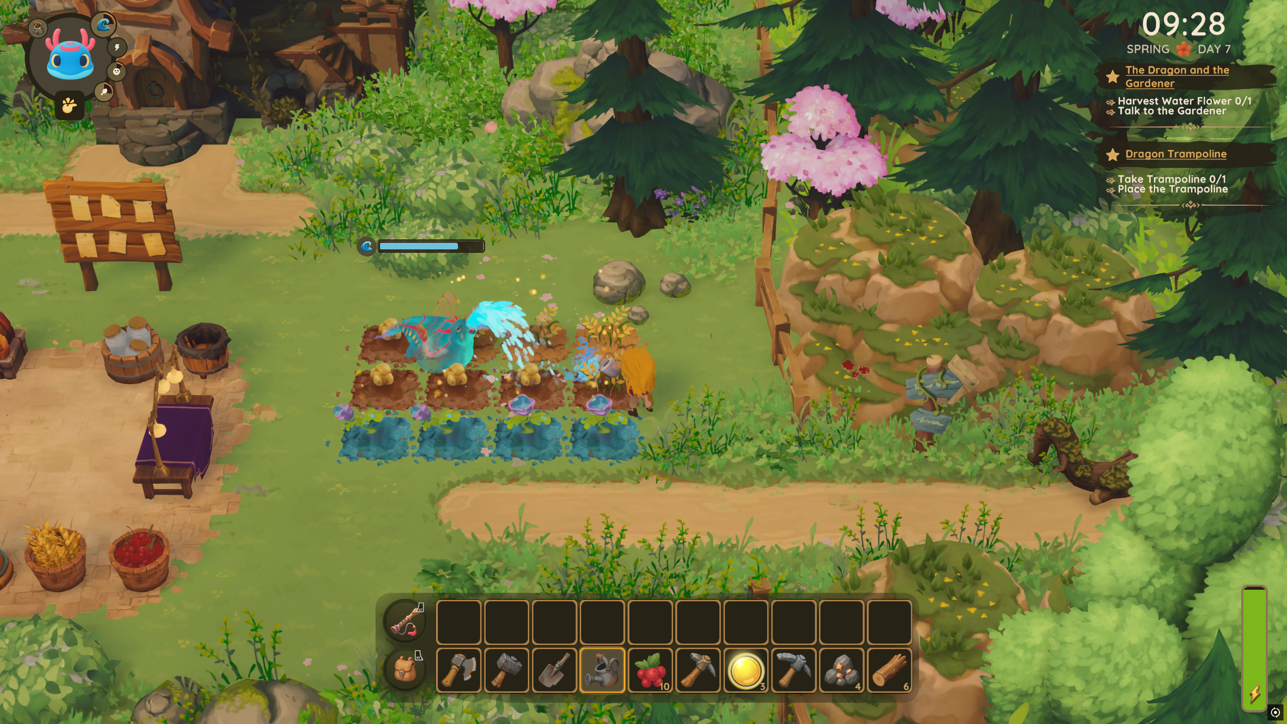 Dragon Shelter - A player character and water dragon water crops together