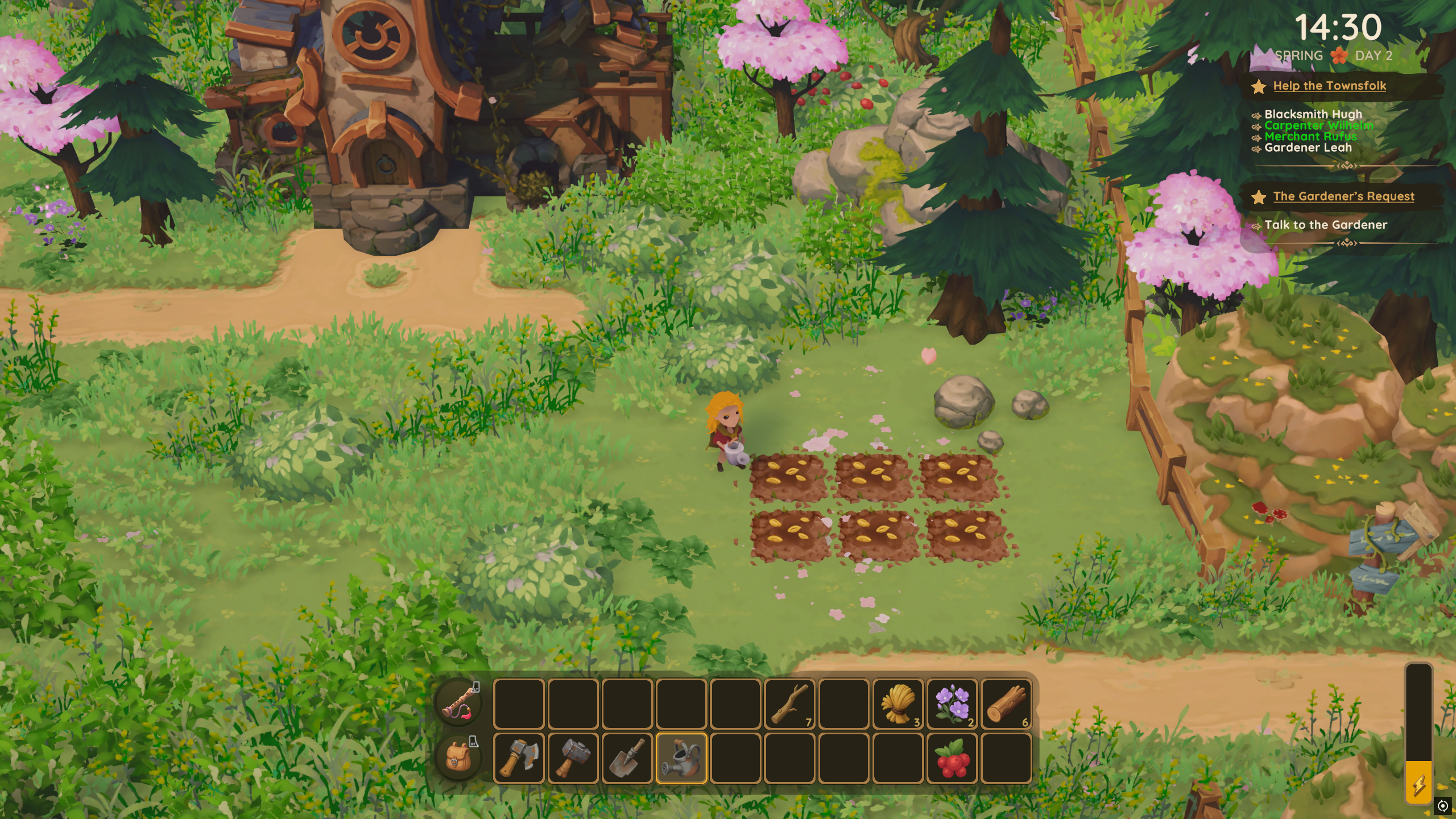 Dragon Shelter, A player waters seeds in farm plots outside a broken farmhouse