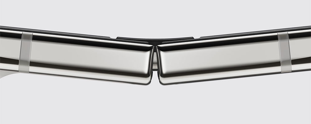Close-up of the iPhone Duo hinge while the phone is partially folded.
