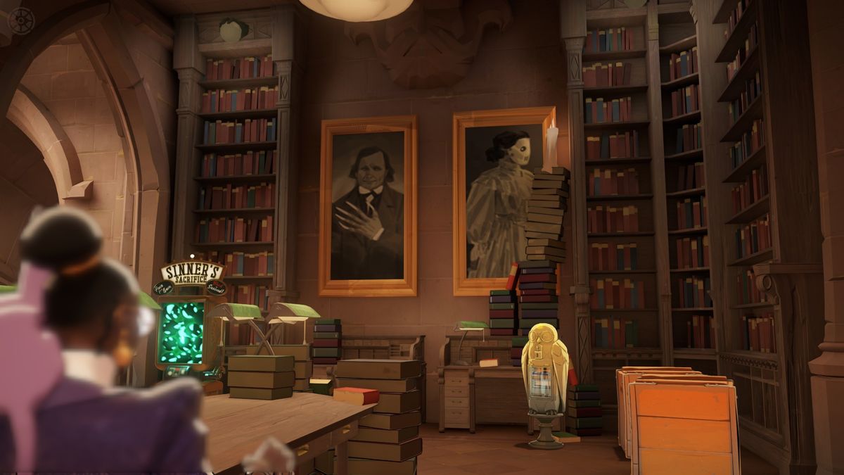 A library in the Greenwich district in Deadlock, displaying portraits of a claw-handed man and a masked woman.