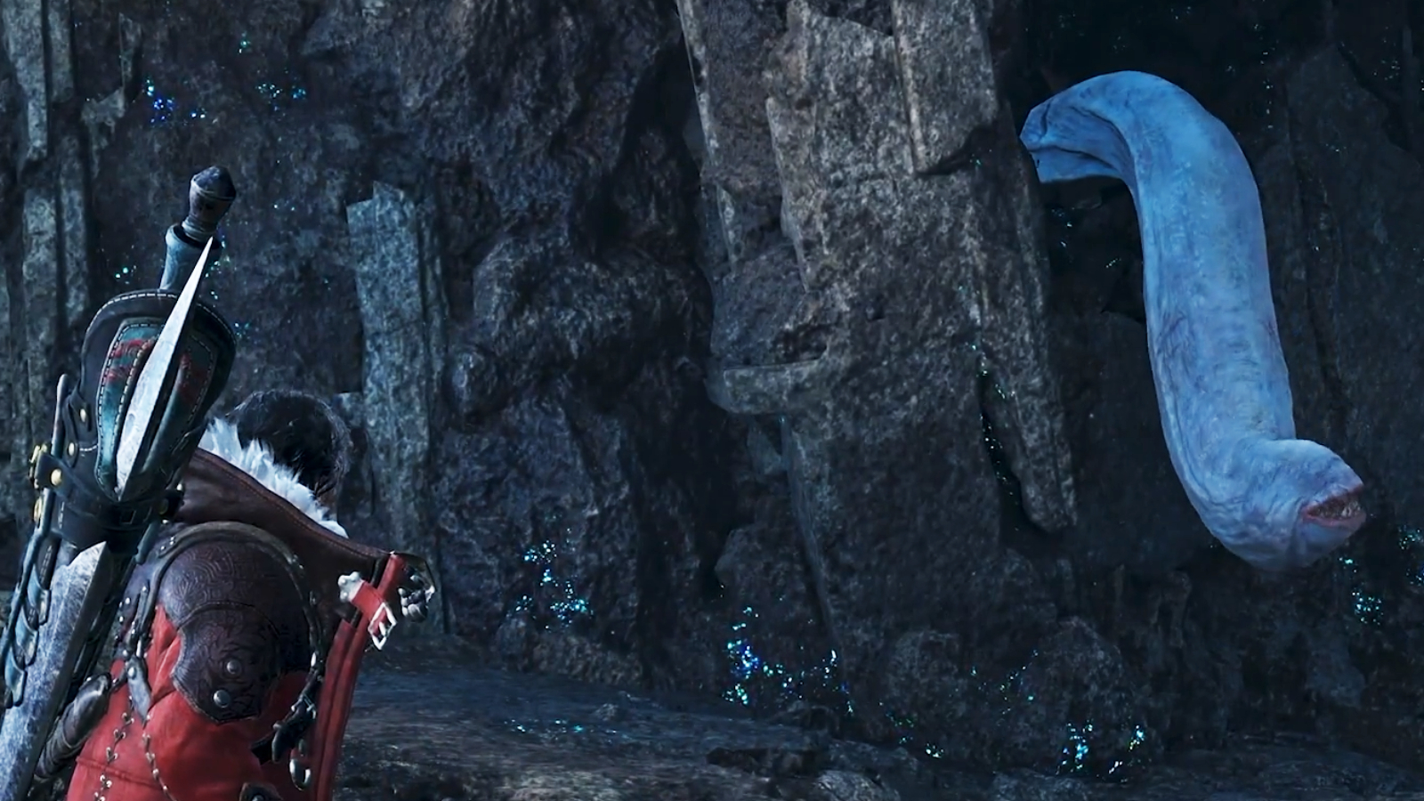 Khezu extending its neck to seek prey in Monster Hunter Wilds: Ascendance.