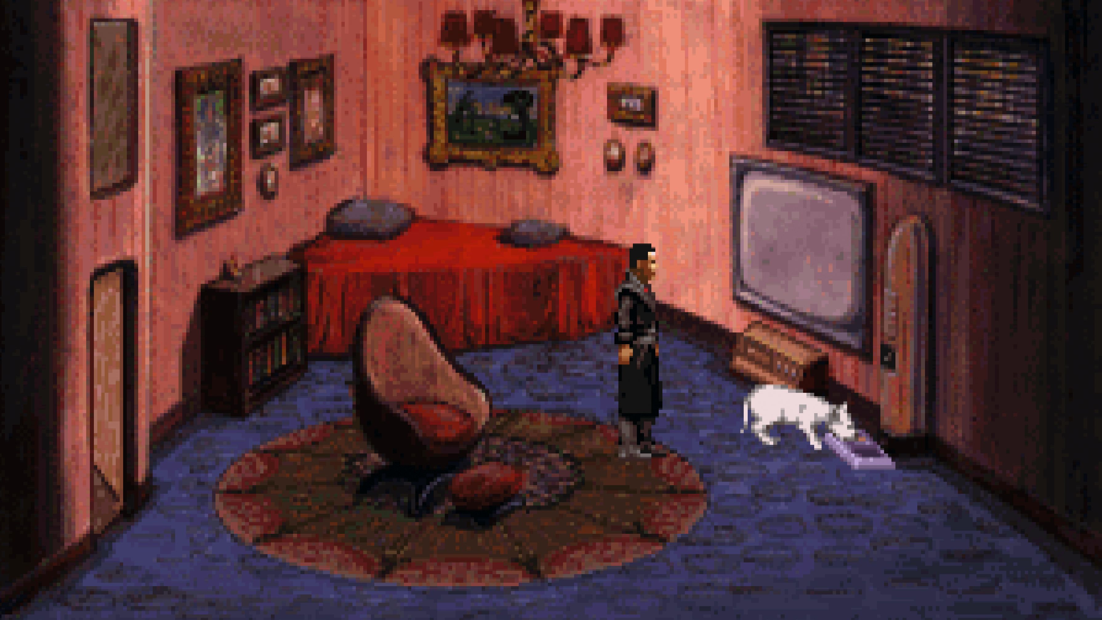 A character in a black coat stands in a room next to a cat and a television.