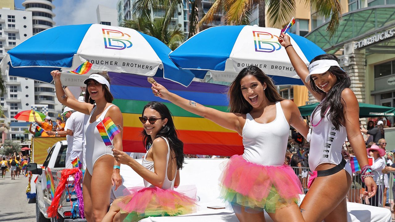 It is summer in Miami Beach as a float by Boucher Brothers, a property management company, depicts a swimwear theme as Miami Beach held its 11th annual LGBT "Pride" Parade on Sunday, April 7, 2019. (Carl Juste/Miami Herald/Tribune News Service via Getty Images)
