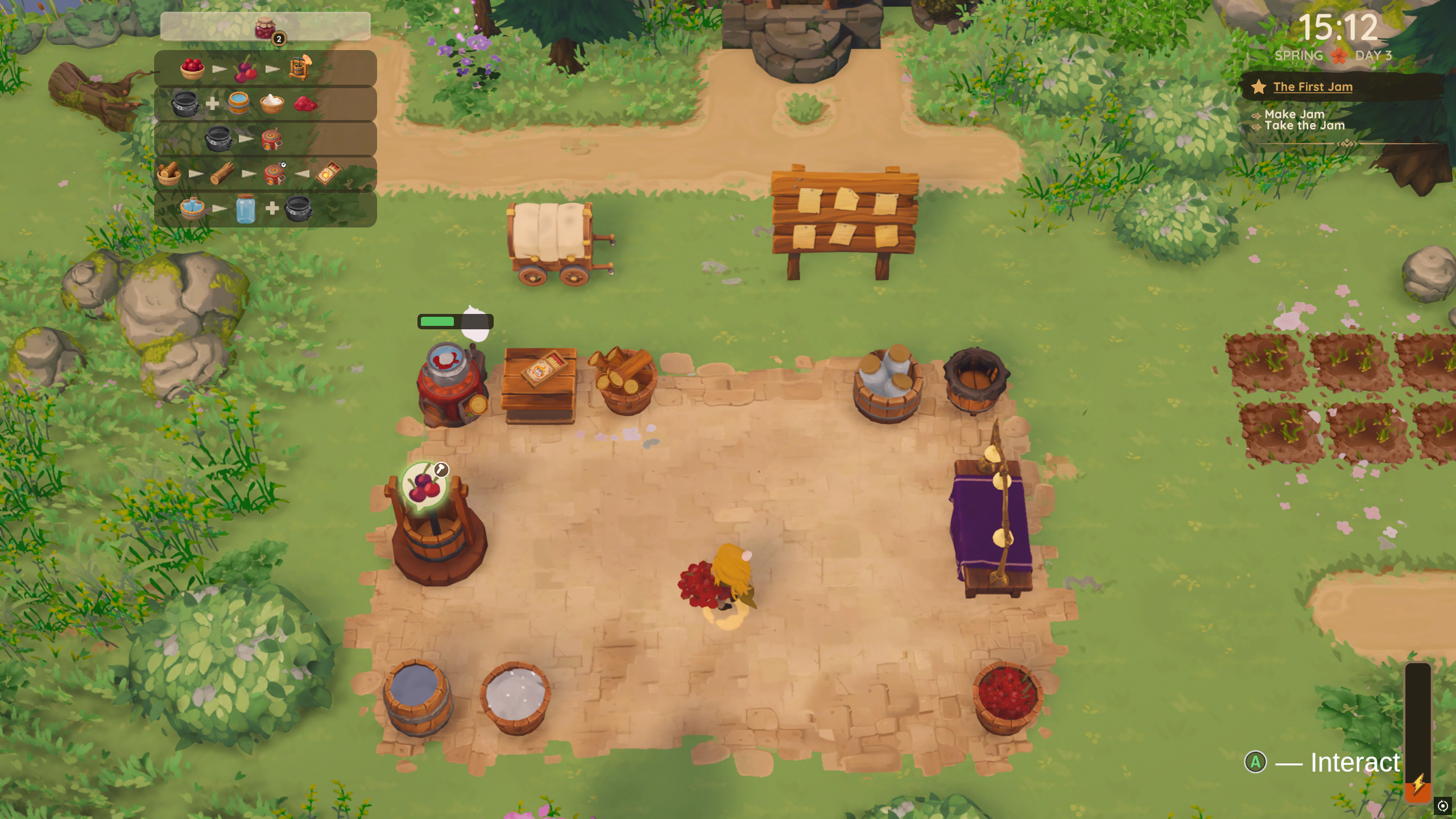 Dragon Shelter - A player carries berries across their kitchen to the fruit press