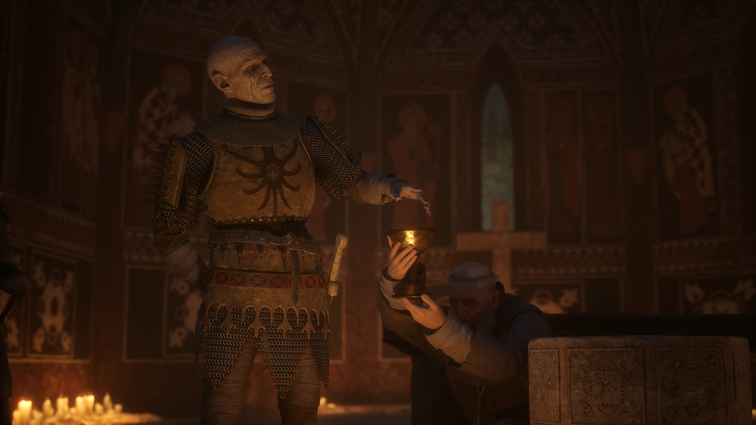 Dawnwalker - Brencis holds his bleeding hand over a chalice during mass
