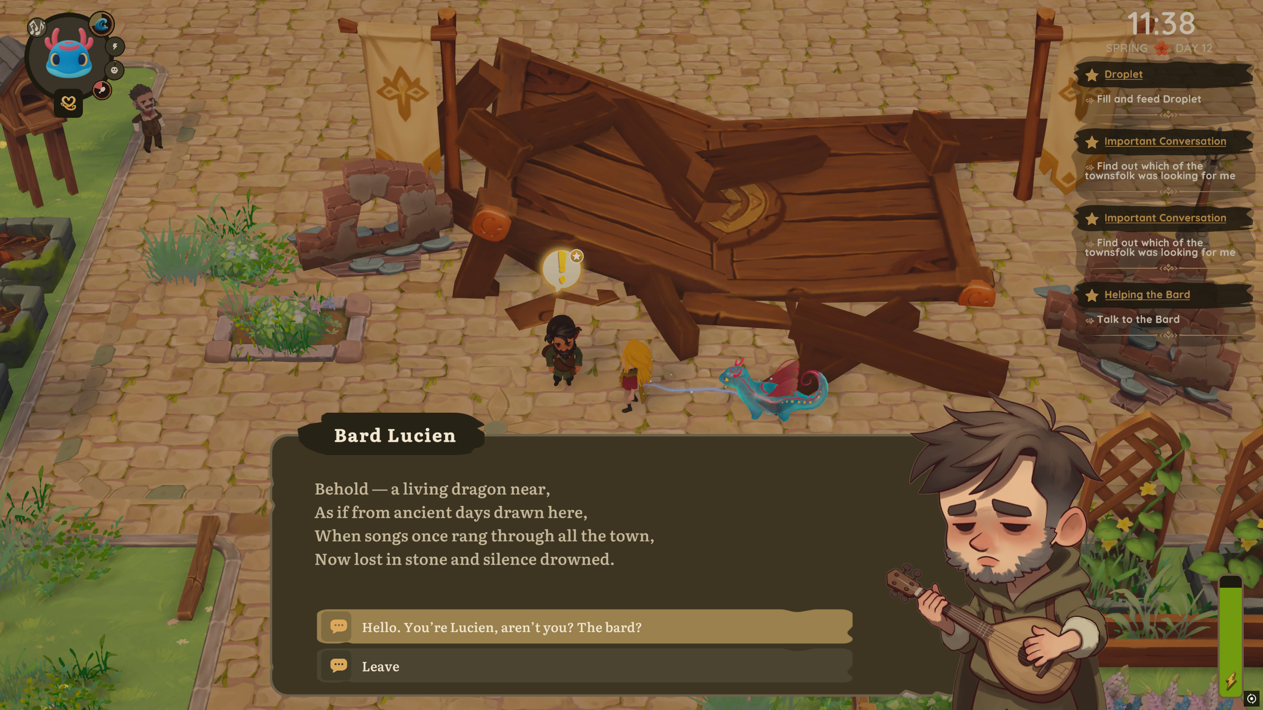 Dragon Shelter - a sad bard talks to the player