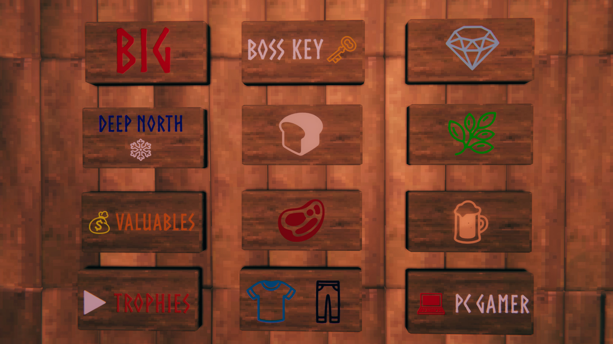 Valheim signs with different emojis, text colors, and styles to label different types of chests