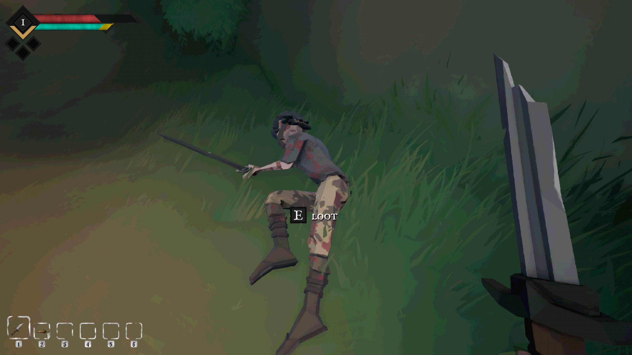 A screenshot of A Short Quest. The bloody body of a recently slain guard lies on the grass.