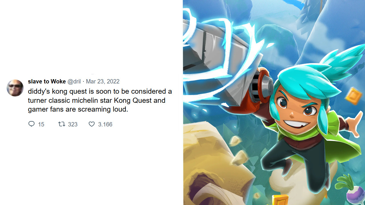 A dril tweet alongside art from the game Pepper Grinder