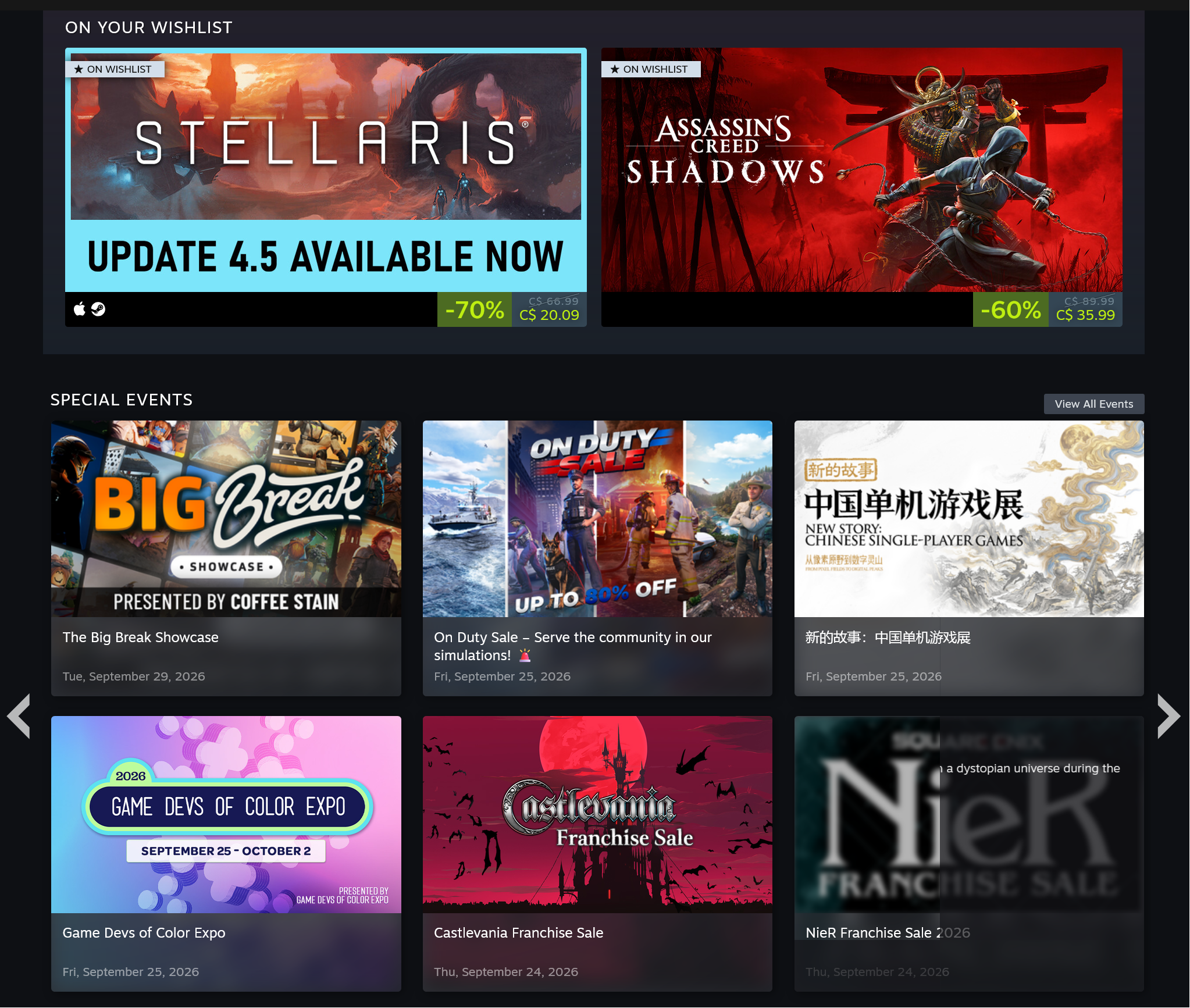 Steam Discounts and Events page