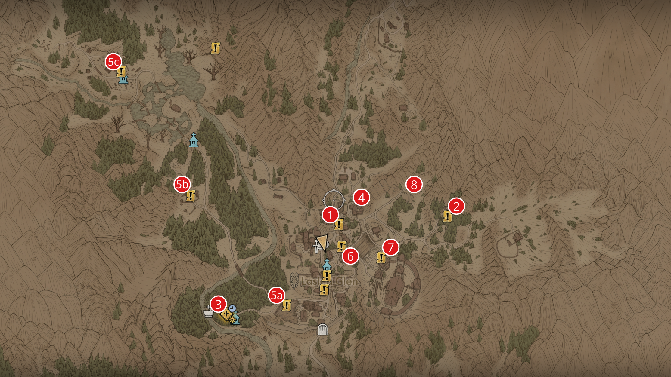 The Blood of Dawnwalker - Laslea Glen map with annotated quest order for the prologue